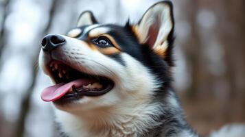 Happy black and white dog enjoys a sunny day in the forest with a playful expression and tongue out photo