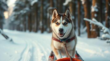 Sled dog joyfully pulling a sled through a snowy forest trail on a bright winter day photo