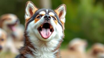Happy dog with tongue out in a sunny park with other dogs playing in the background photo