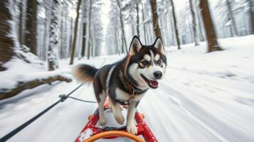 Dog enjoys snow-covered trail while pulling sled through tranquil winter forest in bright daylight photo