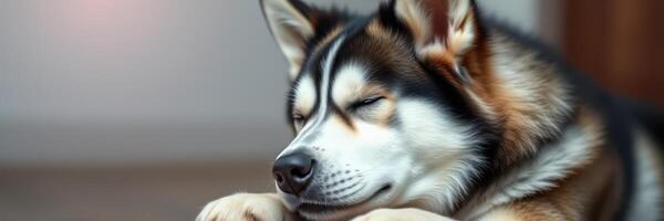 Siberian husky resting peacefully indoors during a cozy afternoon photo