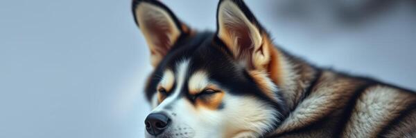 Beautiful husky resting in a snowy landscape during winter afternoon light photo