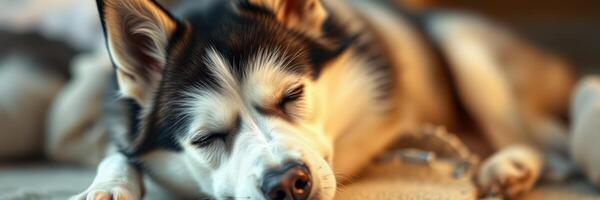 Sleeping husky on a cozy blanket in a warm indoor setting during the afternoon photo