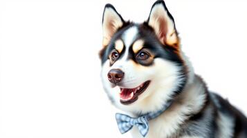 Happy dog wearing a blue bow tie poses against a white background in a friendly and charming manner photo