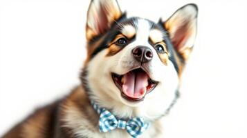 Happy corgi wearing a blue bow tie poses cheerfully in a bright setting photo