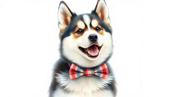 Happy dog wearing a plaid bow tie poses for a cheerful portrait indoors photo