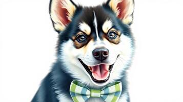 Happy dog wearing a bow tie, showcasing its playful personality and charm in a bright, cheerful setting photo