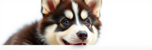 Cute puppy with fluffy fur showing playful expression in bright indoor setting photo