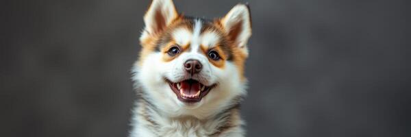 Happy, fluffy dog with a playful expression poses against a neutral backdrop indoors during a photoshoot photo