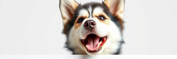 Happy dog with a friendly expression enjoying attention in a indoor setting photo