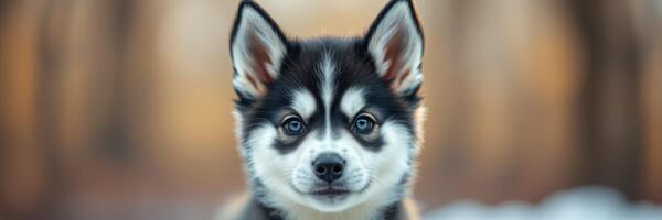 Black and white fluffy dog stands against a blurred backdrop in soft light, showcasing its curious expression and unique features photo