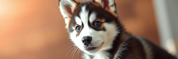 Cute playful puppy exploring its surroundings in a cozy indoor environment photo