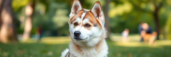 Husky dog relaxing in a green park during a sunny day while people enjoy leisure activities nearby photo