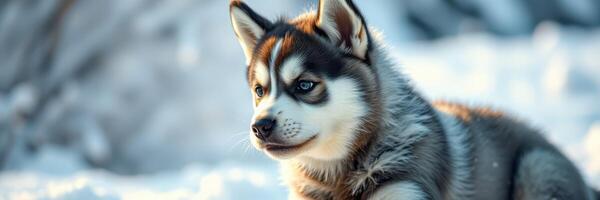 Snow-covered landscape features an adorable husky puppy relaxing in the winter sunlight photo