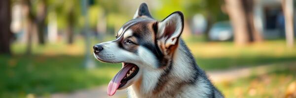 Playful husky enjoying a sunny day in the park with trees and foliage photo