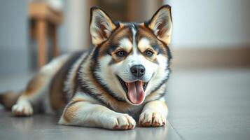 Happy dog lounging indoors in a cozy home environment with a friendly expression photo