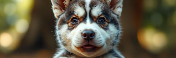 Cute puppy with striking features relaxing in a natural setting during daytime photo