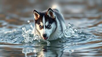 Siberian husky splashing through water on a sunny day in a natural setting photo