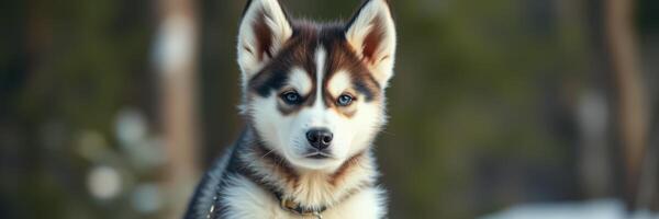 Cute husky puppy sits in snowy forest during winter afternoon, showing playful expression and fluffy fur photo