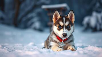 Cute husky puppy relaxing in the snow during winter at a cozy outdoor location photo
