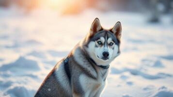Snowy landscape with husky dog enjoying the winter sun during a chilly afternoon photo