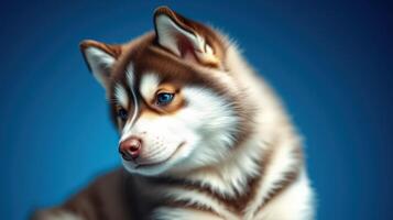 Cute husky puppy with striking blue eyes sitting against a solid blue background, showcasing its playful demeanor and fluffy coat photo