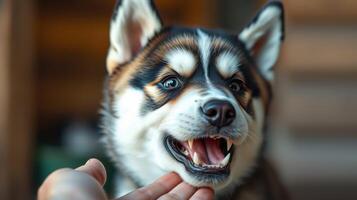 Happy husky enjoying a playful interaction with a person in a cozy indoor setting during daylight hours photo