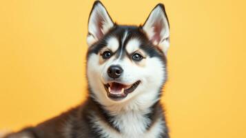 Happy husky puppy poses against bright yellow background with playful expression and attentive ears photo