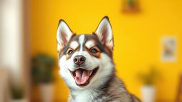 Happy dog sitting indoors with a cheerful expression against a bright yellow background photo