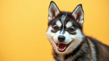 Happy husky puppy sitting against a bright yellow background with a playful expression and sparkling eyes photo