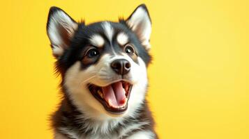 Happy puppy with bright yellow background showcasing playful spirit and friendly demeanor photo