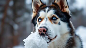 Siberian husky playing in snowy landscape during winter daylight with a snowball in its mouth photo