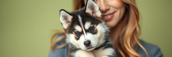 Woman holds a small fluffy puppy with striking features in a cozy indoor setting photo
