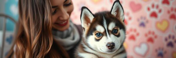 Woman holds a playful husky puppy in a colorful setting with heart and paw prints photo