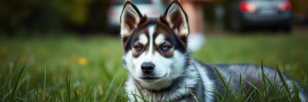 Playful dog relaxes in grassy yard under warm afternoon sun, showcasing its vibrant fur and attentive expression photo