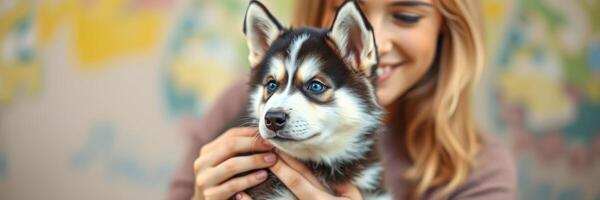 Smiling woman holds adorable puppy with striking blue eyes in a cozy indoor setting photo