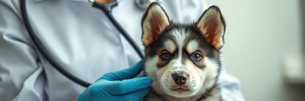 Cute husky puppy receiving care at a veterinary clinic by a professional during a routine check-up photo