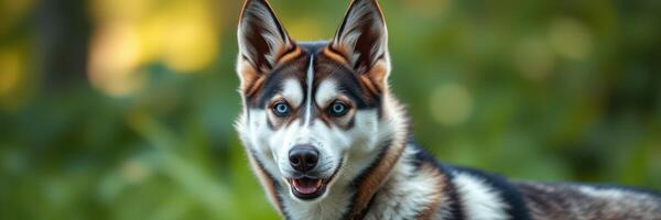 Siberian husky displays striking features in a vibrant nature setting during golden hour photo