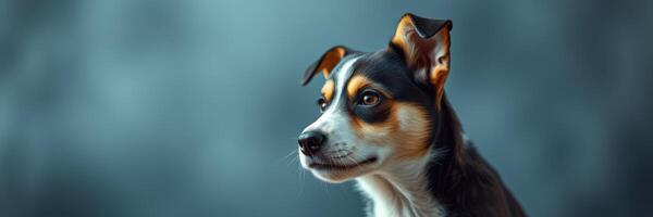 Cute dog with expressive eyes looking calmly in soft lighting photo