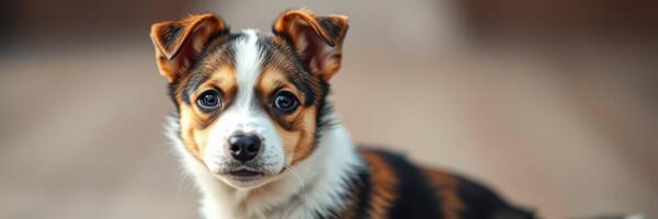 Adorable young puppy with unique fur pattern looking curiously at the camera in a cozy indoor setting photo