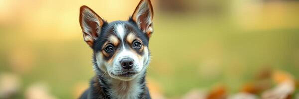 Cute puppy sitting outdoors with a blurred background in a park during a sunny day photo