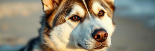 Majestic husky in the golden sunlight highlighting its expressive features at the beach during a late afternoon stroll photo