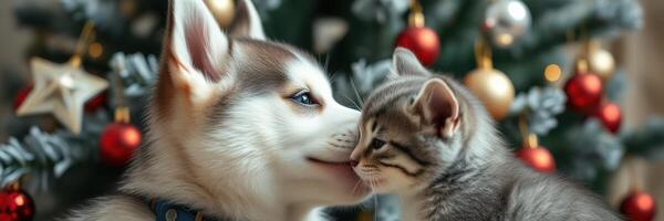 Cute husky dog and playful kitten cuddling near a decorated Christmas tree during holiday festivities photo