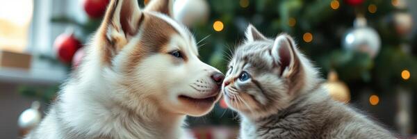 Pets share a moment of friendship near a decorated holiday tree in a cozy room setting photo