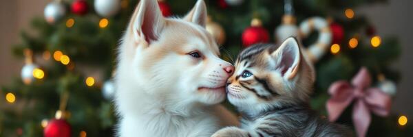 Cute puppy and kitten share a joyful moment near a decorated Christmas tree during the holiday season photo