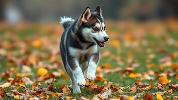 Playful husky puppy runs joyfully through fallen autumn leaves in the park during a sunny day photo