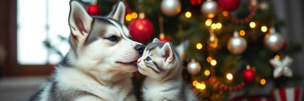 Cute husky dog snuggles with fluffy kitten near a beautifully decorated Christmas tree photo