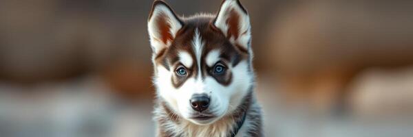 Siberian husky puppy looking curiously in a natural outdoor setting during the day photo