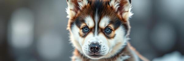 Puppy with distinctive fur pattern and striking blue eyes sits thoughtfully in natural light photo