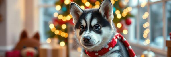 Cute husky puppy wearing a red scarf sits next to a beautifully decorated Christmas tree with glowing lights photo